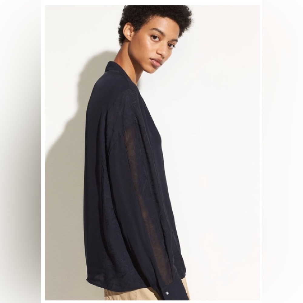 Vince mixed media pullover blouse - navy